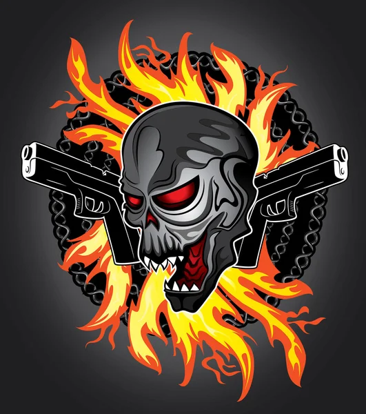 パンク サイバー人間の頭蓋骨のグロック拳銃発射炎背景 — ストックベクタ