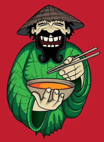 Śmiejąc się azjatycki kucharz obsługujących ilustracji wektorowych pikantna zupa tajska — Wektor stockowy