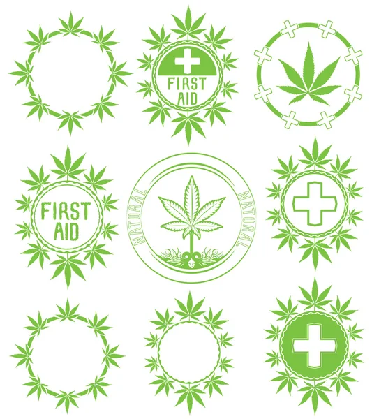 Marihuana verde hoja de cannabis símbolo sellos vector ilustración — Vector de stock