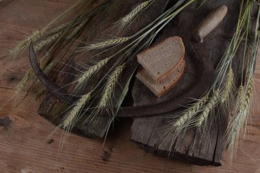Ekmek, buğday kulakları ve ahşap bir tahtanın üzerinde eski bir orak. Bir avuç biçilmiş buğday kulağı ve el yapımı Orakçı kancası sapığı.