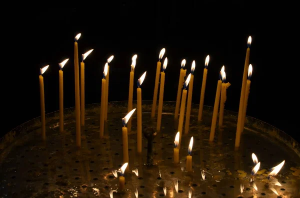 Lot Candles Burning Black Background Copy Space Selective Focus — Stock Photo, Image
