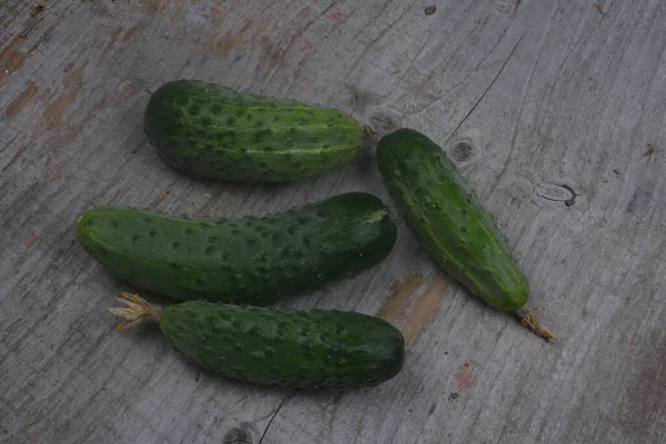 Fresh Cucumbers Wooden Table Tasty Vegetarian Food — Stock Photo, Image