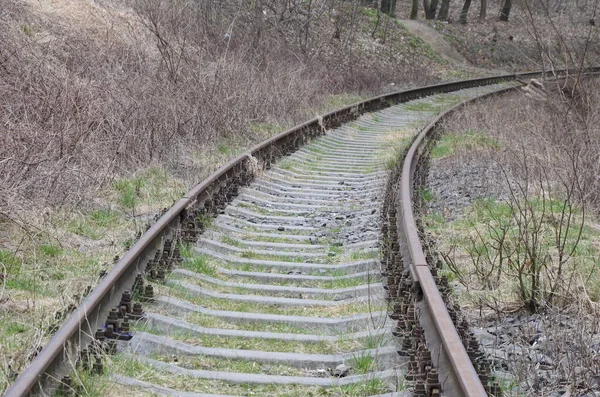 从铁路到日落旧铁路的交叉口 欧洲环境中的旧铁路和废弃铁路轨道 农村铁路 有开关和灯的铁路轨道 — 图库照片
