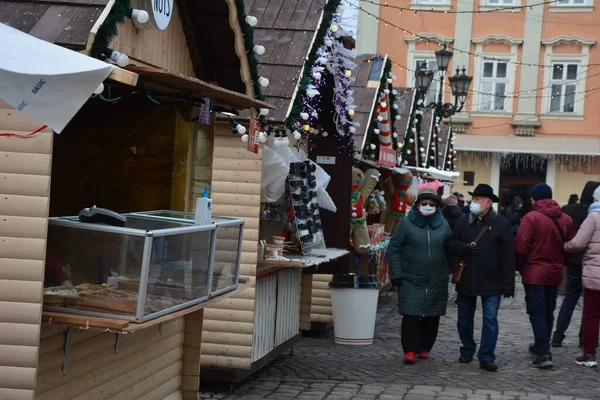 Lvove Ukrajina Leden 2021 Krásné Centrum Města Dřevěné Kabiny Pro — Stock fotografie