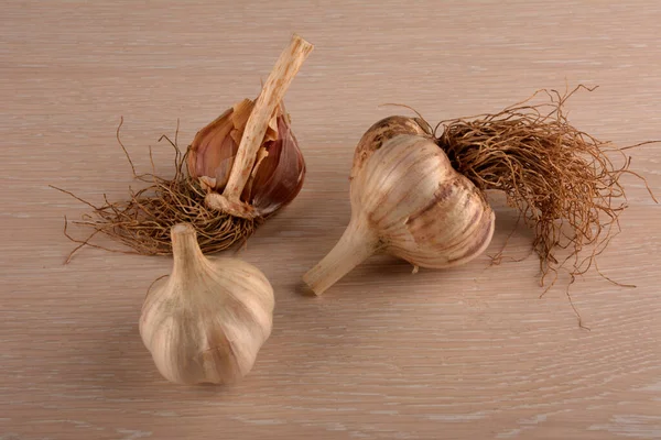 Garlic on a white background and a garlic press. Garlic grinding appliance.