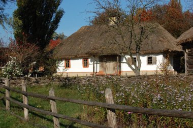 Eski Ukrayna evi. 19. yüzyılın Ukrayna kulübesi. Yaz manzarası, evin önündeki çiçekler, güneş ışığı. Köy Pirogovo.