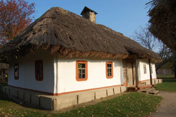 旧ウクライナの家 19世紀のウクライナの小屋 夏の風景 家の前で花 Pirogovo — ストック写真