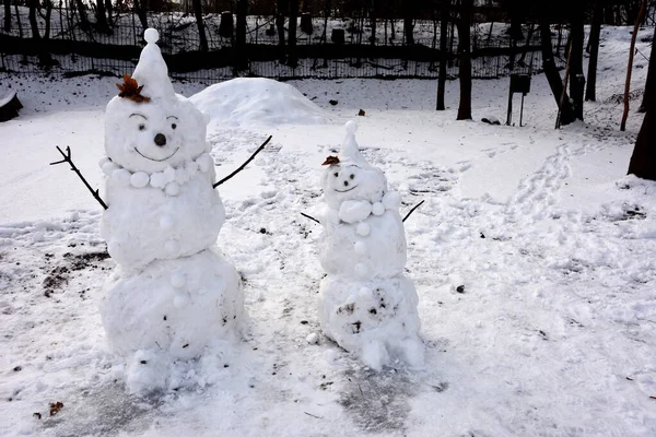スタイリッシュな帽子と雪原のスカーフで面白い雪だるま クリスマス前の朝だ 面白い雪だるまだ 雪男の贈り物の袋です スノーマンは冬の帽子と赤い鼻のスカーフに立っています — ストック写真