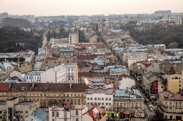 Lviv. Ukraine. September 2020. Lviv bird's-eye view of from of the City Hall.General view from the roof. View on the Square Rynok from the roof of the City Hall Lvov cityscape.