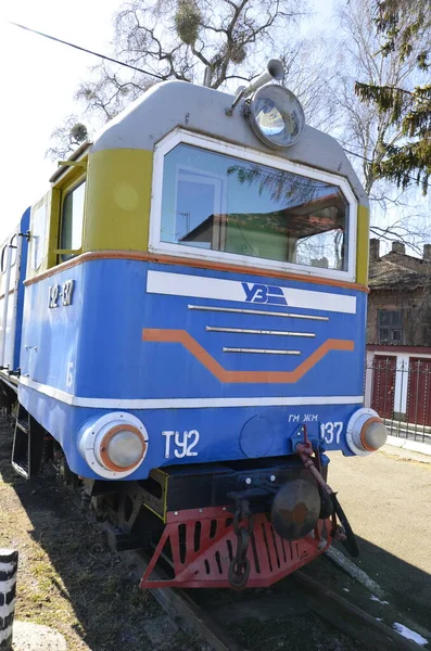 Rivne Ucrania Abril 2021 Los Semáforos Ferroviarios Fondo Locomotora Del — Foto de Stock