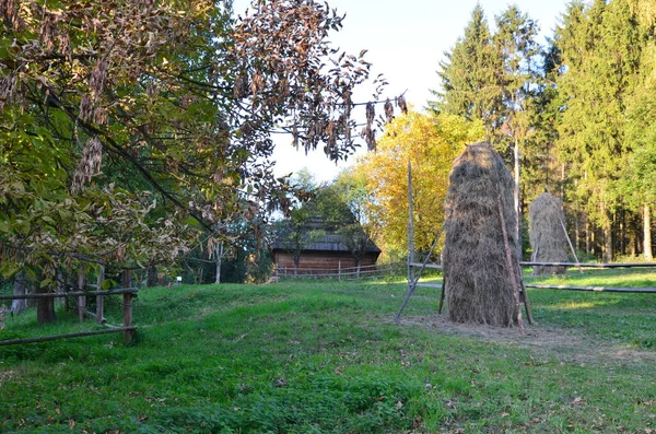 Paisaje Rural Verano Con Montañas Nubarras Pila Heno Pueblo Las — Foto de Stock