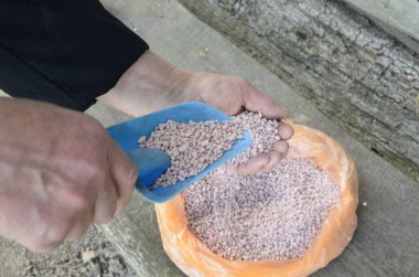 Çiftçi gübre topluyor. Nitrojenli gübre. Gübre granülleri. Torbalarda kimyasal gübreyi kapatıyorlar. Çuvalda kimyasal gübre, bulanık arka plan, bitkiler için NPK gübresi..