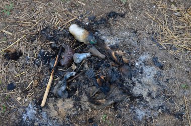 Açık alanda atık yakma, ev atıkları, çevre kavramı kirliliği. Plastik ve polistiksel atık yakma.