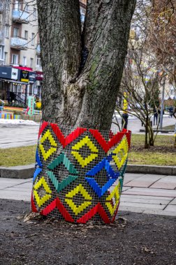 Rivne. Ukrayna. Mayıs 2021 'de şehirde nakışla süslenmiş ağaçlar. Bayram için işlemeli ağaçlar. Geleneksel halk nakışları..