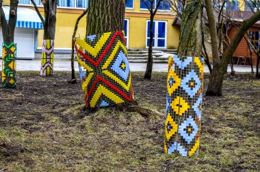 Rivne. Ukrayna. Mayıs 2021 'de şehirde nakışla süslenmiş ağaçlar. Bayram için işlemeli ağaçlar. Geleneksel halk nakışları..