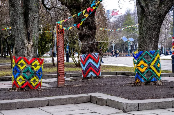 Rivne Ukrajina Květen 2021 Stromy Zdobené Výšivkou Prostoru Města Tradiční — Stock fotografie