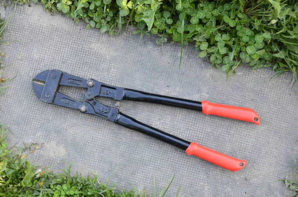 Büyük bir cıvata keskisi. Bir çift cıvata keskisi. Araçtaki işaretler sadece özellikler. Görünür marka isimleri, telif hakkı, logo veya ticari marka yok.