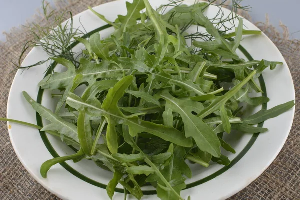 Fresh Green Arugula Bowl Table Arugula Rucola Salad Close Fresh — ストック写真
