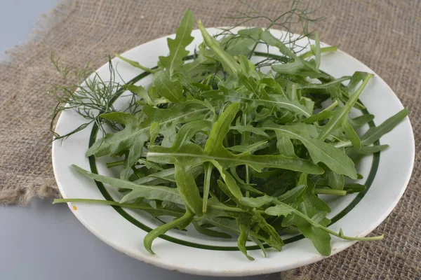 Fresh Green Arugula Bowl Table Arugula Rucola Salad Close Fresh — ストック写真