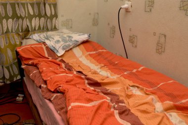 Kırışmış çarşaflar ve dağınık yastıklarla düzensiz yatak odaları, yazı işleri için doğal bir zemin olarak kullanılıyor. Dünya Günü.