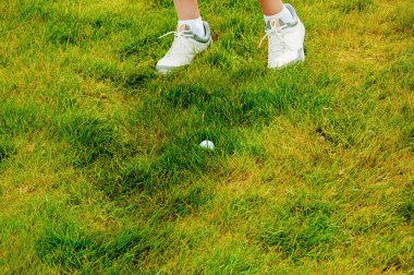 Profesyonel golf sahasında golf oyuncusu. Golf sopasıyla vuruşan golfçü.