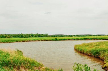 Yeşil golf sahası ve mavi bulutlu gökyüzü. Avrupa manzarası