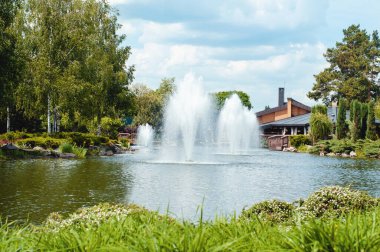 Yazın bir parkta gölün ortasında güzel bir çeşme.