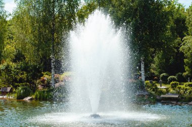 Yazın bir parkta gölün ortasında güzel bir çeşme.