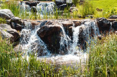 Parkta büyük taş eşikleri olan dekoratif şelale