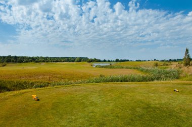 Golf sahasında göl. Güzel sülün, mavi bulutlu gökyüzü, golf sahasında ağaçlar ve çalılar.