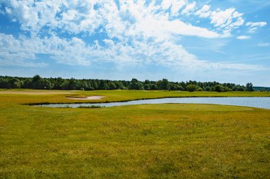 Golf sahasında göl. Güzel sülün, mavi bulutlu gökyüzü, golf sahasında ağaçlar ve çalılar.