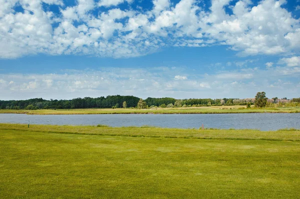 Lake Golf Course Beautiful Pheasant Blue Cloudy Sky Trees Bushes — Stock Photo, Image