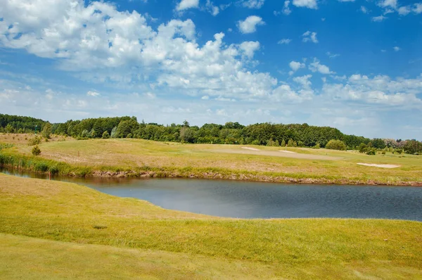 Lake Golf Course Beautiful Pheasant Blue Cloudy Sky Trees Bushes — Stock Photo, Image