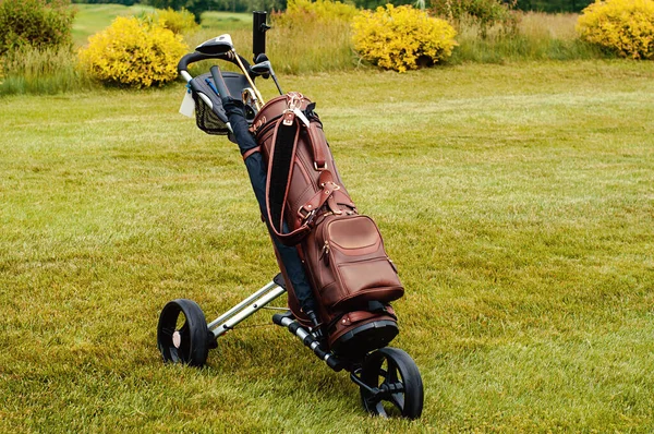 Leather Stylish Brown Bag Golf Clubs Special Cart Golf Course — Stockfoto