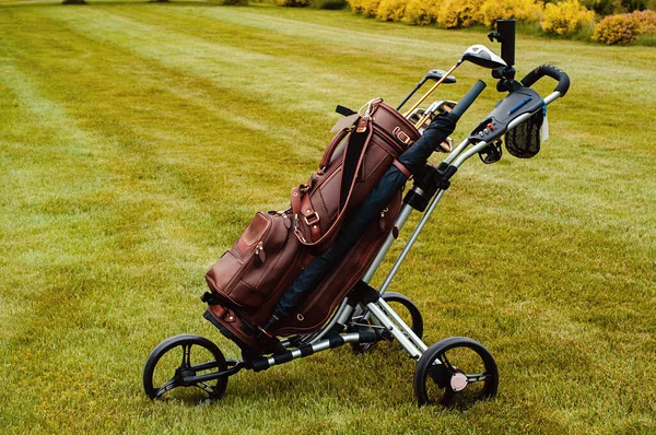 Leather Stylish Brown Bag Golf Clubs Special Cart Golf Course — Stockfoto
