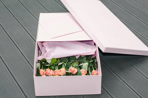Romantic luxury red roses in gift souvenir rose box