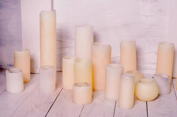 Candles White Hardwood Studio Shot — Stock Photo, Image