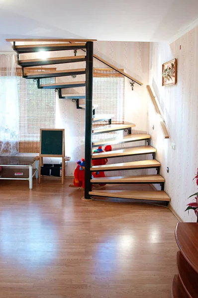 Metal Wooden Stair White Wall Shadows Stairway Staircase Stairwell — Stock Photo, Image