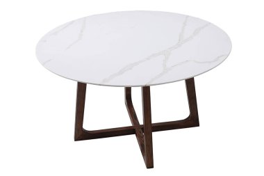 Yuvarlak kahve masası, beyaz izole arka planda mermer kaplama.