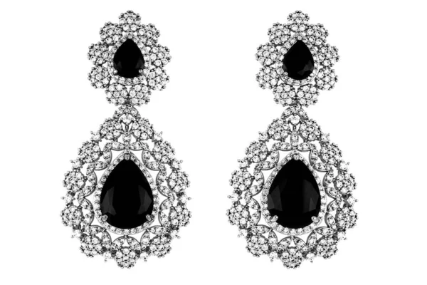 Пара Чорних Сережок Діамантами Ізольовані Білому — стокове фото