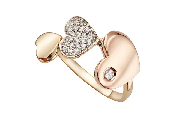 Złoty Pierścień Diamentami Kształcie Serca Białym Izolowanym Tle — Zdjęcie stockowe