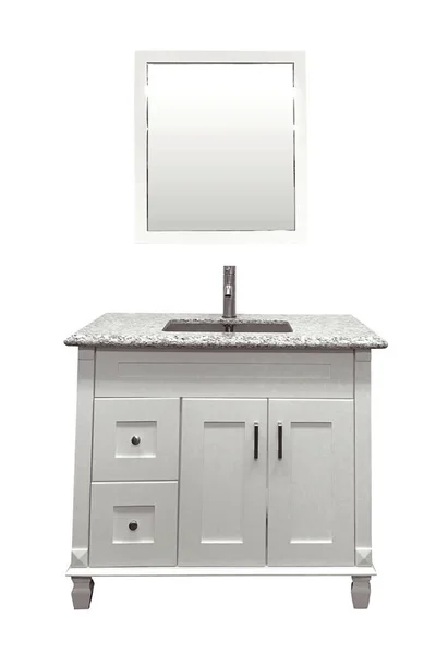 Kabini ve banyo aynası olan modern lavabo beyaz izole bir arka planda.