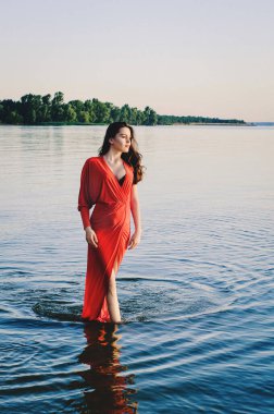 Kiev Denizi akşamında, uzun kırmızı elbiseli güzel hamile esmer, Temmuz 2015