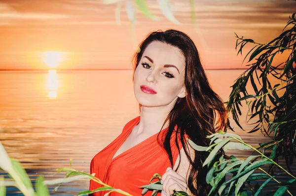 キエフ海の夜に長い赤いドレスで美しい妊娠中のブルネット 2015年7月 — ストック写真