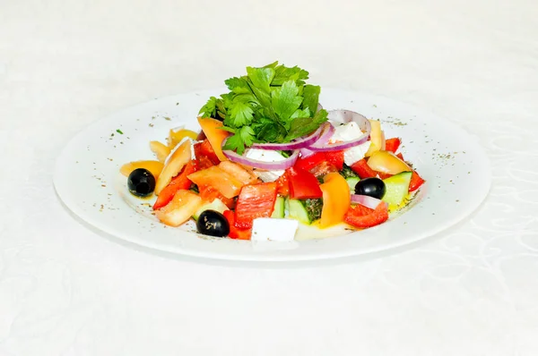 Greek Salad Fresh Vegetables Feta Cheese Black Olives Top View — Stock Photo, Image