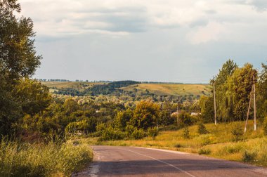 Seyahat konsepti arka planında - gün batımında çiçek açan bahar çayırında yol