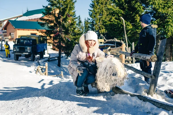 Žena Velkým Bílým Špinavým Psem Při Pohledu Zimní Hory — Stock fotografie