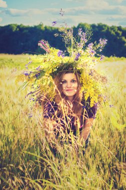 Güneşli bir yaz gününde tarlada parlak renkli bir çelenk giymiş güzel kızıl saçlı kız..