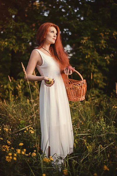 Uma Linda Menina Ruiva Vestido Verão Branco Fica Floresta Com — Fotografia de Stock