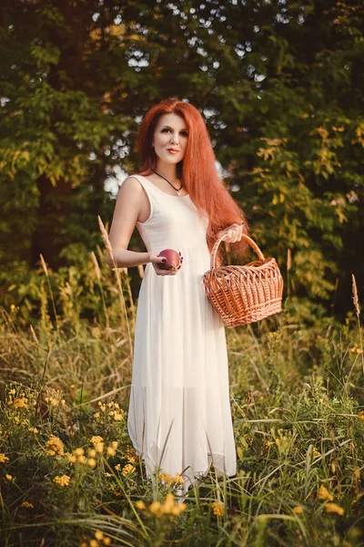 Una Hermosa Chica Pelirroja Vestido Blanco Encuentra Bosque Con Una — Foto de Stock